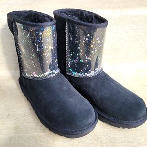 NEW Ugg Australia Classic II Clear Glitter Black Boot Short Shearling Leathe…